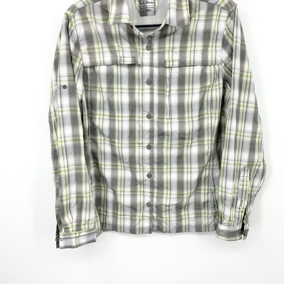 LL Bean Women Size Large Shirt Button Down Top Gray White Plaid Vented Nylon - Picture 3 of 7